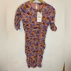 NWT Zara Size S Floral Ruched Mesh Short Sleeve Dress